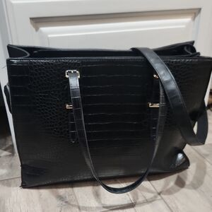 Black Crocodile Embossed Tote with Silver Hardware
